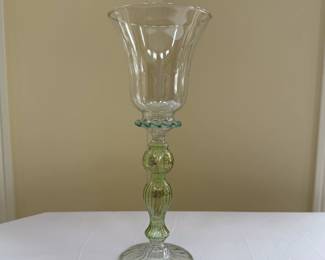 Vintage 1970s art glass wine goblet, hand blown green gold Venetian styled after Salviati Murano