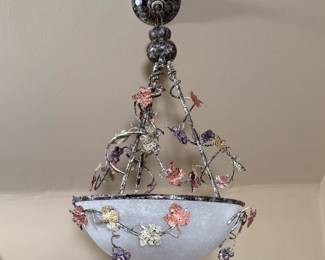 Vintage wrought iron painted pendant chandelier, twining grapes branches and leaves
