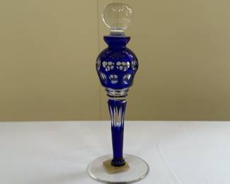 Cobalt blue overlay cut glass stoppered decanter/perfume bottle