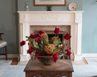 Antique side table, faux flower display in bowl
