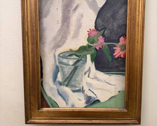 Framed oil on canvas painting of a water glass with flowers