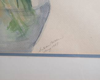 Closeup of watercolor painting of tulips in vase, artist signature and date of May 1987