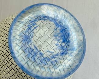 Base of frosted textured blue and clear glass bowl signed by artist