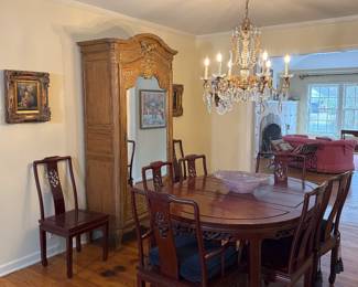 Chinese style dining table, leaves, and eight chairs