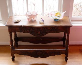Fun vintage art glass including a Daum, Nancy butterfly on a lovely old console table