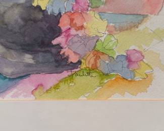 Closeup of signed watercolor painting of magic / entertainment theme – puppets, rabbit, balloons, clown, jack in the box, artist "Paulette"