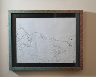 Signed ink drawing of a sleeping figure with a sleeping cat nestled in the blankets