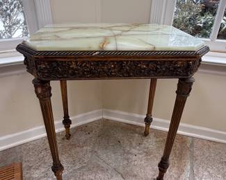 Antique onyx topped carved wooden side table