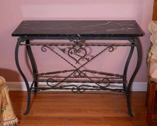 Marble topped wrought iron hall console table with heart and arrow ornamentation