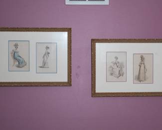 Vintage/antique women's fashion plate illustrations, framed