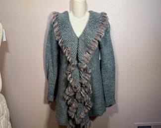 Tempo Paris long sleeve shawl collar ruffled cardigan sweater, size M/L