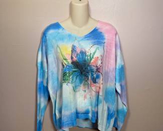 For Her long sleeved pullover sweater, floral design over pastel tie dye pattern