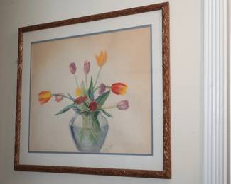 Watercolor painting of tulips in vase, artist signature and date of May 1987