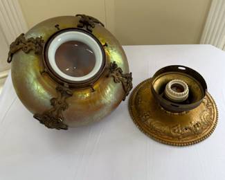 Another view of the lovely antique Art Nouveau era iridescent blown cased glass ceiling mount light fixture with bronze floral scrolls and repoussé base
