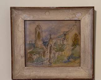 Ink and watercolor scene of a rural church