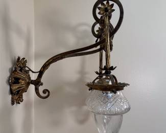 Another view of the pair of gorgeous antique sconces with four matching acorn shaped cut glass shades