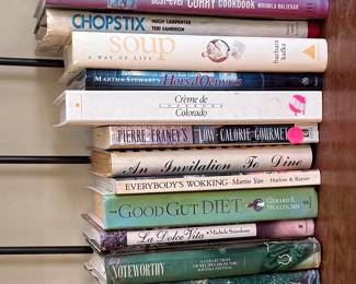 Crème de Colorado cookbook, Low Calorie Gourmet by Pierre Franey, An Invitation to Dine, Everybody's Wokking by Martin Yan, Good Gut Diet by Gerard E. Mullin, MD, La Dolce Vita by Michele Scicolone, A Collection of Recipes from the Ravinia Festival, 100% Pleasure by Baggett and Glick