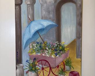 Signed oil painting on canvas of flower cart