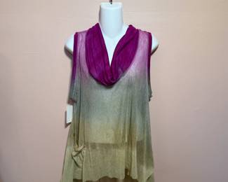 Art of Cloth sheer woven cowl neck sleeveless sweater, purple to green/gold, new with tags NWT, size L