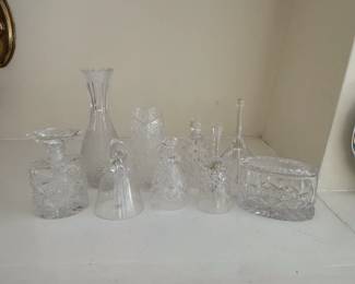 Cut crystal stoppered bottle, vases, bells, lidded box
