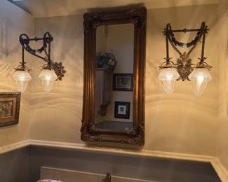 Pair of gorgeous antique sconces with four matching acorn shaped cut glass shades