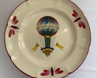Vintage Saint Clement, France faience pottery plate with hot air balloon and pink dragon fly decoration