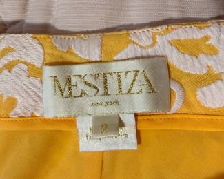 CLoseup of Mestiza wide legged yellow cropped pants with white embroidered floral pattern, linen blend, Sz 2