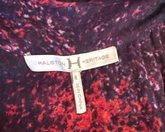 Closeup of Halston Heritage abstract asymmetrical hem sleeveless dress, red purple, size 6