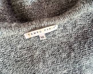 Closeup of Tempo Paris long sleeve shawl collar ruffled cardigan sweater, size M/L