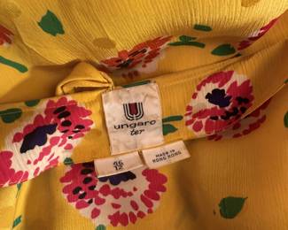 Closeup of Ungaro Ter yellow floral short sleeve blouse, size 42/12