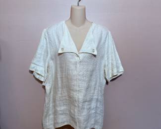 Vintage Valentino Studio women’s blouse, Sz 44/10, beige 100% linen jacquard, made in Italy