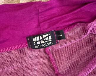 Closeup of Art of Cloth sheer woven cowl neck sleeveless sweater, purple to green/gold, new with tags NWT, Size L