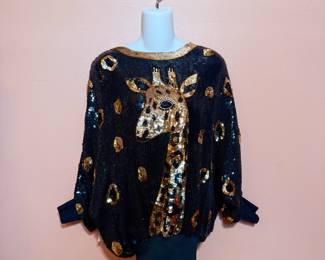 Lillie Rubin black and gold sequin top with giraffe design