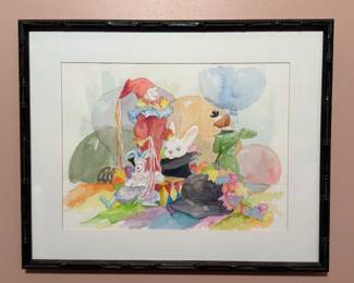 Signed watercolor painting of magic / entertainment theme – puppets, rabbit, balloons, clown, jack in the box, artist "Paulette"