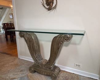 Carved gilt-wood Art Deco Revival console table with a fabulous glass top with a waterfall edge