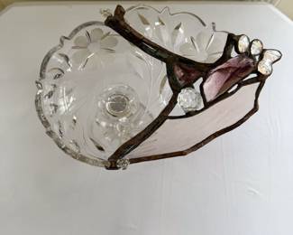 Another view of art glass piece — a cut glass compote reconfigured with lead and found glass