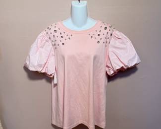 Joh pink puff sleeve t-shirt with rhinestone decoration on shoulders