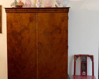 Vintage cabinet with burlwood doors, antique Chinese child's chair, and more pieces of art glass!