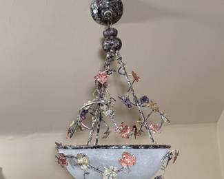 Another view of vintage wrought iron painted pendant chandelier, twining grapes branches and leaves