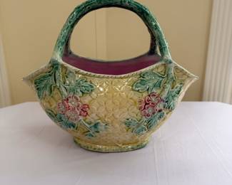 Vintage majolica glazed basket with flowering branch handles