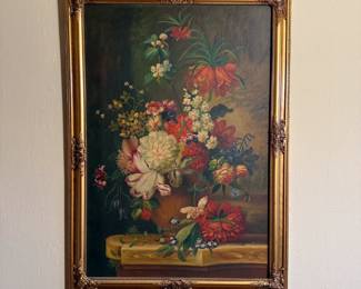 Framed still life painting of floral arrangement