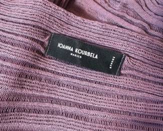 Closeup of Ioanna Kourbela wrap sweater cardigan, lavender color – boho artsy wrap, super stretchy, one size fits most!