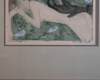 Another view of Linda Gourley signed limited edition print 17/150 "Tom Catting Around" woman with cat, framed