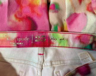 Closeup of Kate Spade New York Broome Street colorful abstract skinny stretch jeans