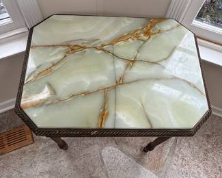 Another view of antique onyx topped carved wooden side table