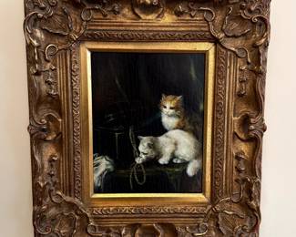 S. H. Lee (Chinese, b. 1944) oil on board painting of two cats, signed "S. Lee" lower right.