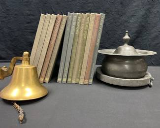 CT433VAntique Pewter Tureen, Vintage Brass Bell, And A Collection Of Great Ages Of Man Time Life Books