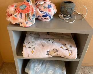Bookshelf and blankets 