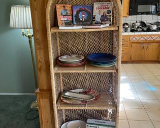 Wicker bookshelf plus great cook books 