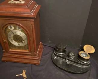 Vintage Inkwell And Mantel Clock